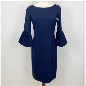 Eliza J 8 Dress Navy Blue Bell Sleeve Sheath Midi